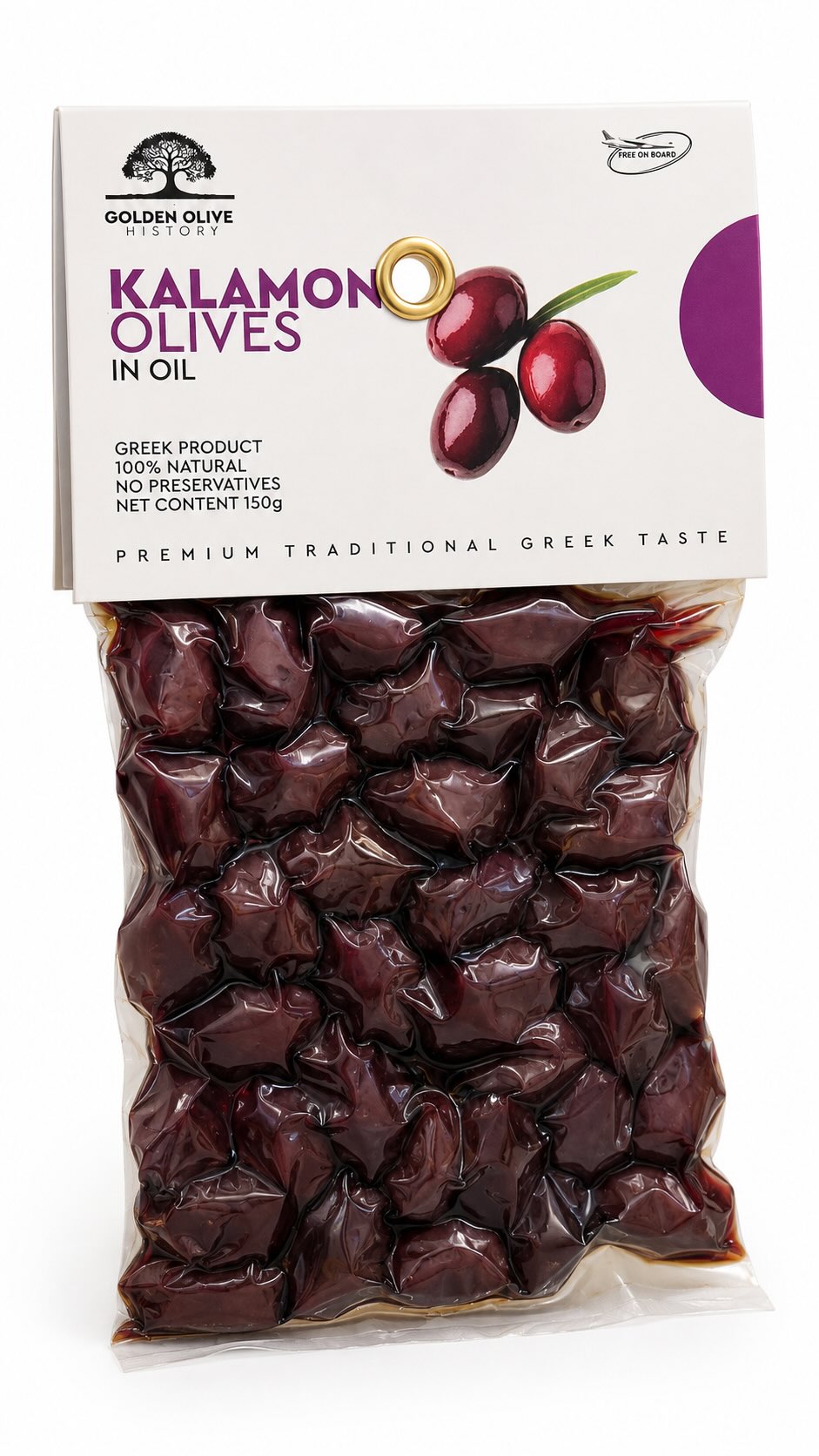 Golden Olive History tmavé olivy Kalamata (Kalamon) s peckou v olivovém oleji – vakuum 150 g